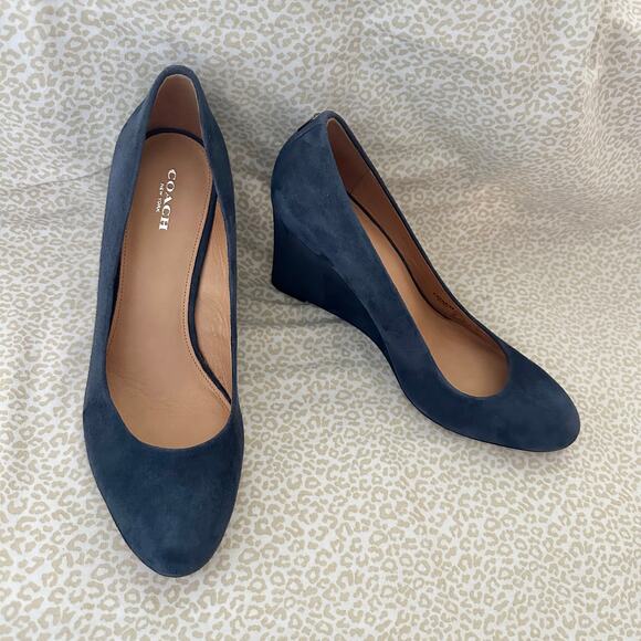 Coach Rileigh Suede Wedges Heels Leather Midnight Navy Blue Size 9B - Picture 8 of 8